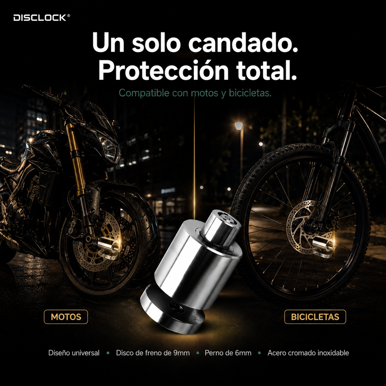 DISCLOCK® | Candado de Disco Blindado · Motos y Bicicletas